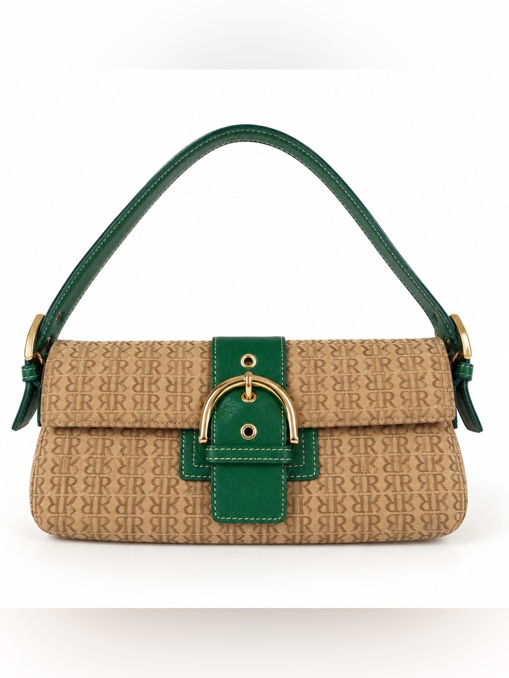 Vintage Y2K Pedro Rogado ELOS Monogram Baguette Shoulder Bag Green Leather